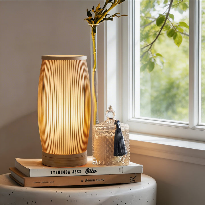 Japanese Style Bamboo Table Lamp Handwoven Lantern Design LED Dimmable Light Source