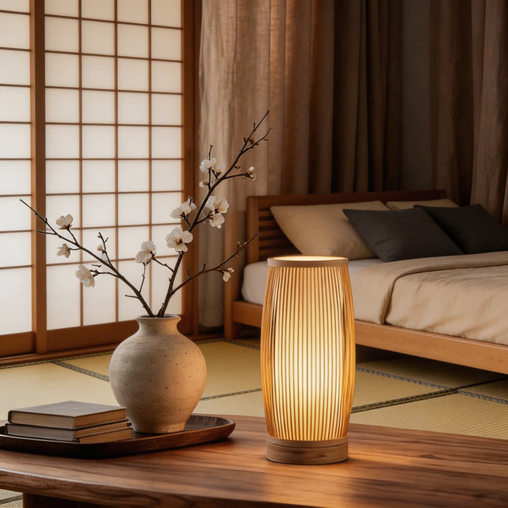 Japanese Style Bamboo Table Lamp Handwoven Lantern Design LED Dimmable Light Source