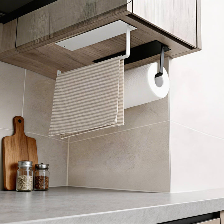 Modern Wall Mounted Paper Towel Holder Durable Iron Adhesive Space Saving Design for Kitchen and Bathroom