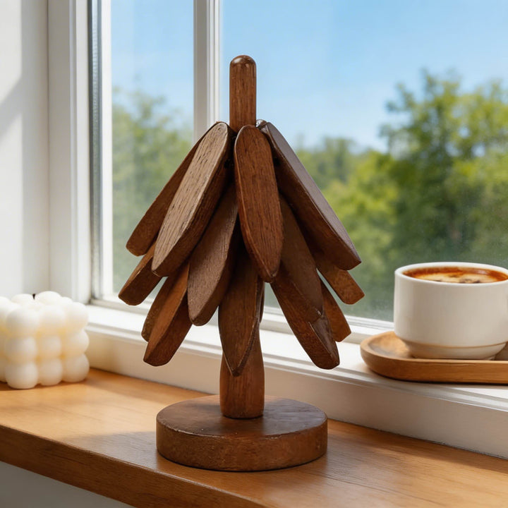 Modern Foldable Wooden Trivet Set Heat Resistant Black Walnut Tree Shape Design 3 Pieces