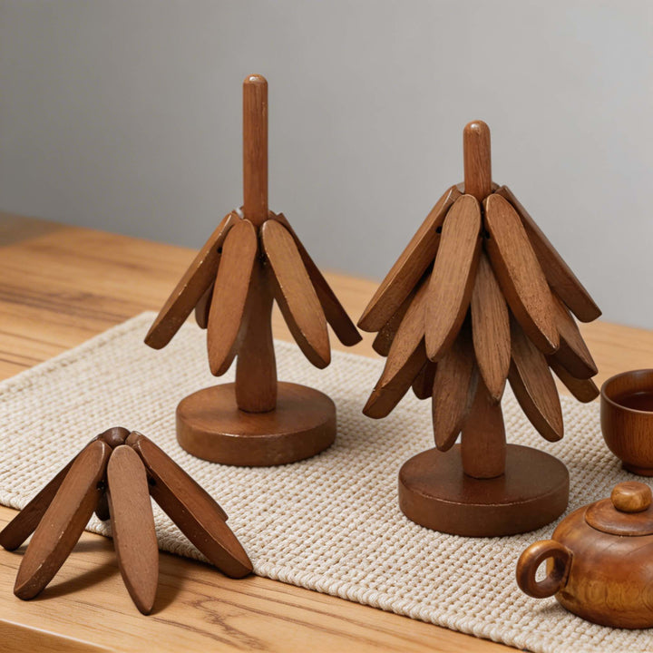 Modern Foldable Wooden Trivet Set Heat Resistant Black Walnut Tree Shape Design 3 Pieces