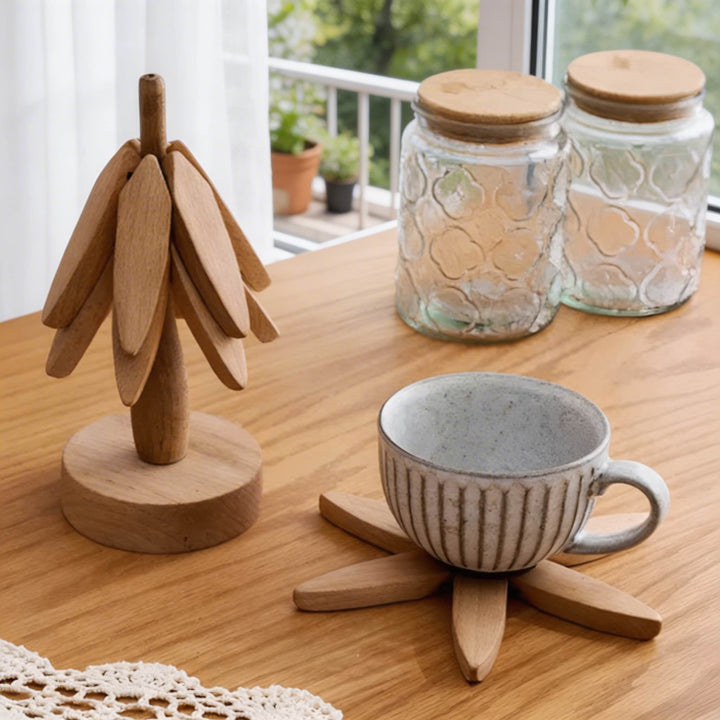 Modern Foldable Wooden Trivet Set Heat Resistant Black Walnut Tree Shape Design 3 Pieces
