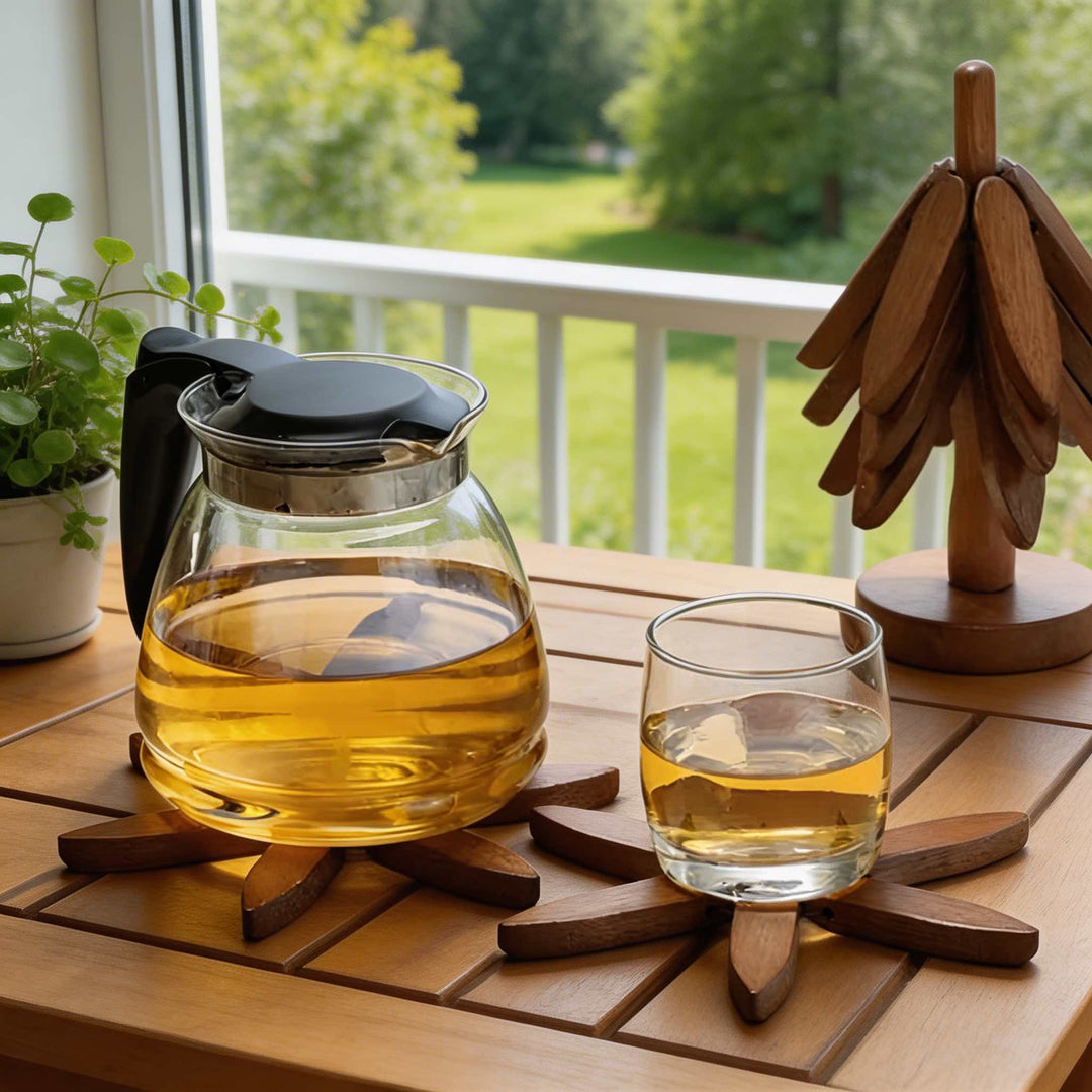 Modern Foldable Wooden Trivet Set Heat Resistant Black Walnut Tree Shape Design 3 Pieces