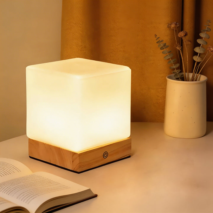 Modern Mini Cube Table Lamp Cordless Touch Control Rubber Wood Base Opal Glass Shade LED Warm Light