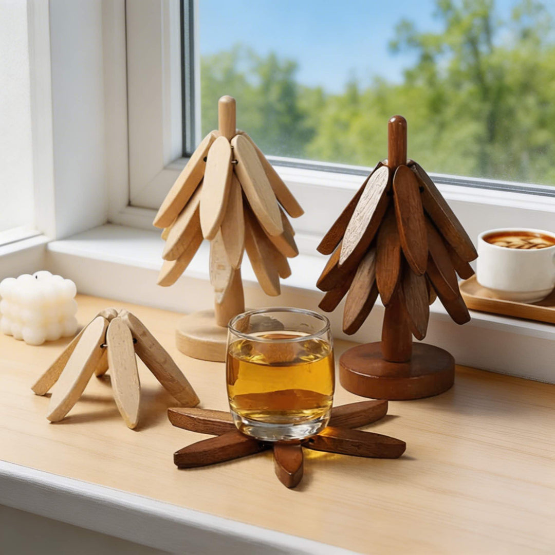 Modern Foldable Wooden Trivet Set Heat Resistant Black Walnut Tree Shape Design 3 Pieces
