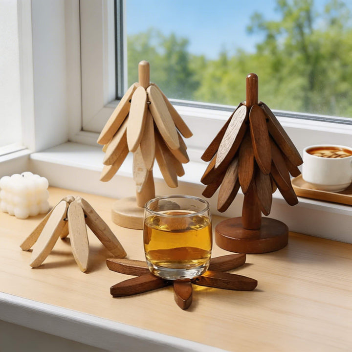 Modern Foldable Wooden Trivet Set Heat Resistant Black Walnut Tree Shape Design 3 Pieces