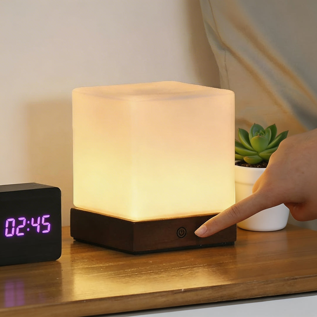 Modern Mini Cube Table Lamp Cordless Touch Control Rubber Wood Base Opal Glass Shade LED Warm Light