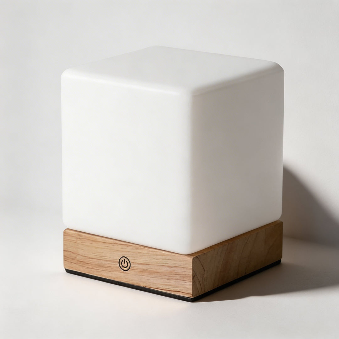 Modern Mini Cube Table Lamp Cordless Touch Control Rubber Wood Base Opal Glass Shade LED Warm Light