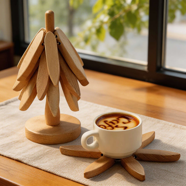 Modern Foldable Wooden Trivet Set Heat Resistant Black Walnut Tree Shape Design 3 Pieces