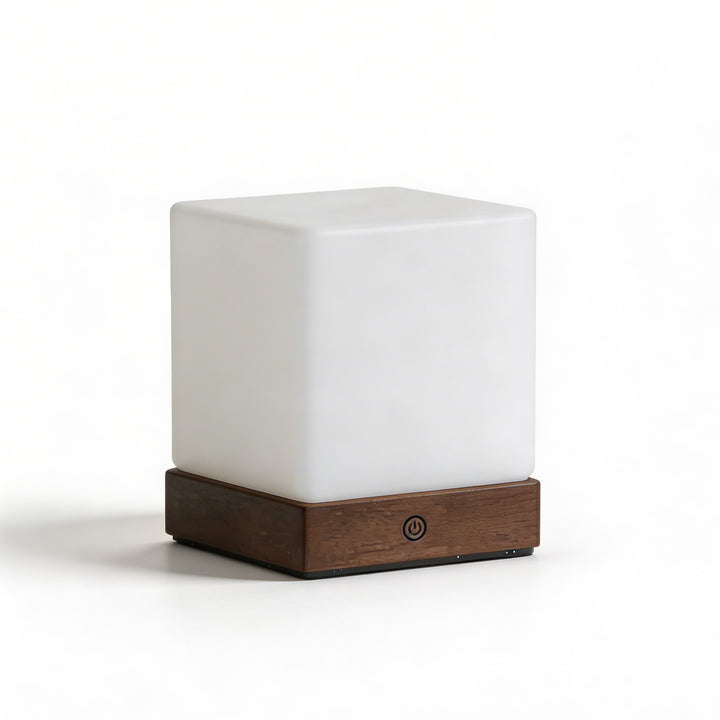 Modern Mini Cube Table Lamp Cordless Touch Control Rubber Wood Base Opal Glass Shade LED Warm Light