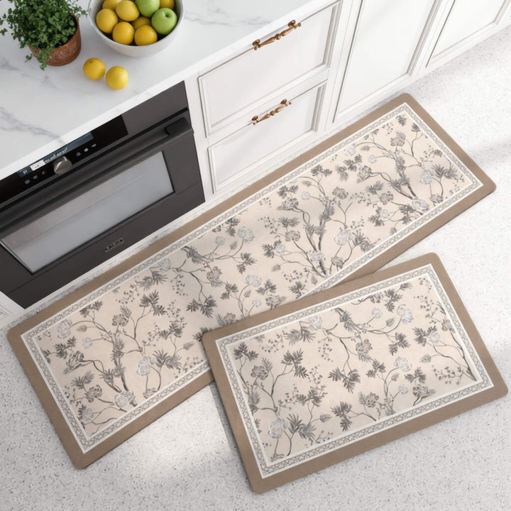 Non-Slip Contemporary Kitchen Mat Floral Stripe Design Durable Microfiber Water-Resistant Easy Clean