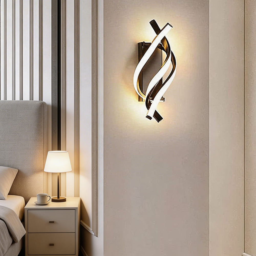 Black and white spiral twist LED wall sconce with warm glow, sculptural feature wall light for bedroom Australia