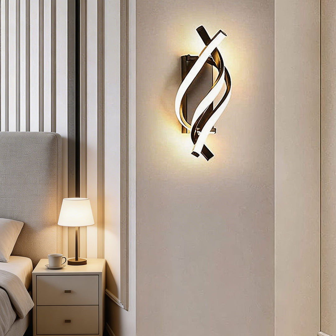 Black and white spiral twist LED wall sconce with warm glow, sculptural feature wall light for bedroom Australia