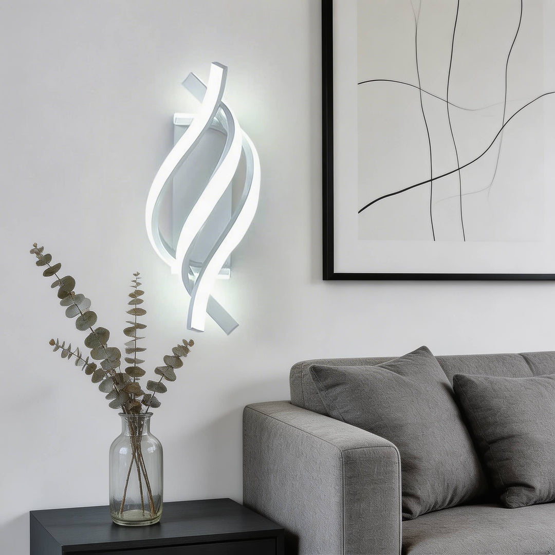 Chrome spiral twist LED wall sconce with cool white light, decorative modern wall light for living room Australia