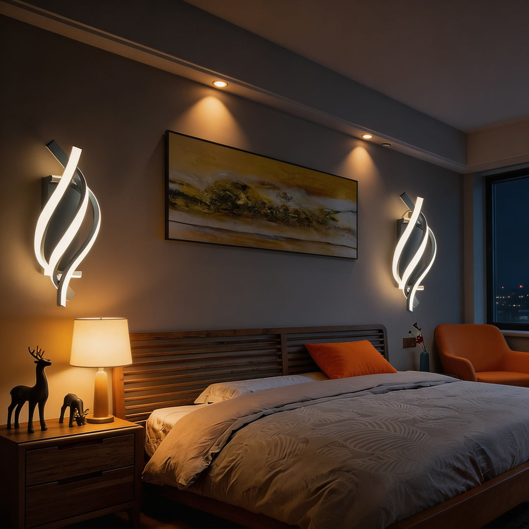 Pair of grey spiral LED wall sconces with cool white light flanking bed, decorative bedroom wall lights Australia