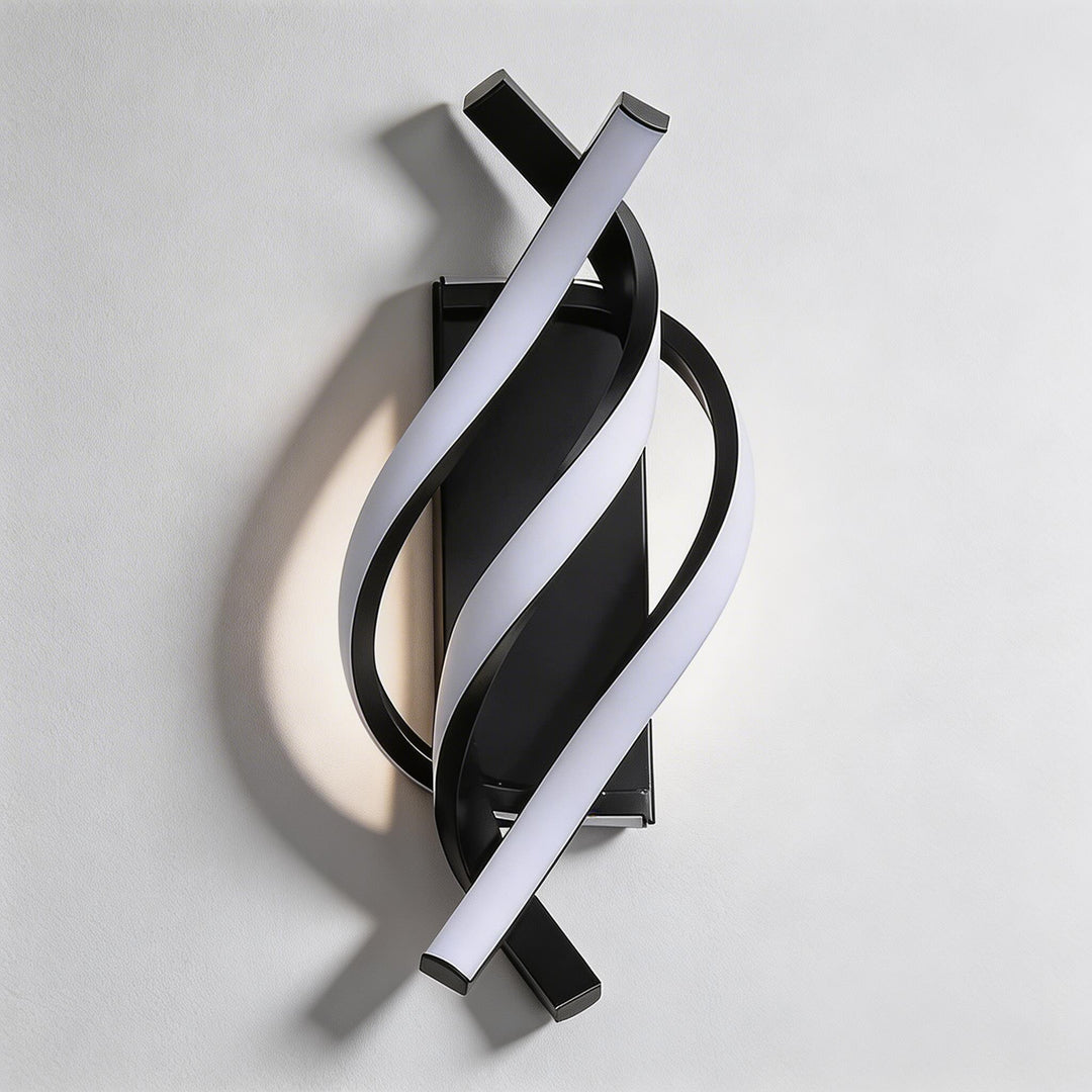 Matte black oval spiral wall sconce with white LED acrylic arms, bold sculptural feature wall light Australia