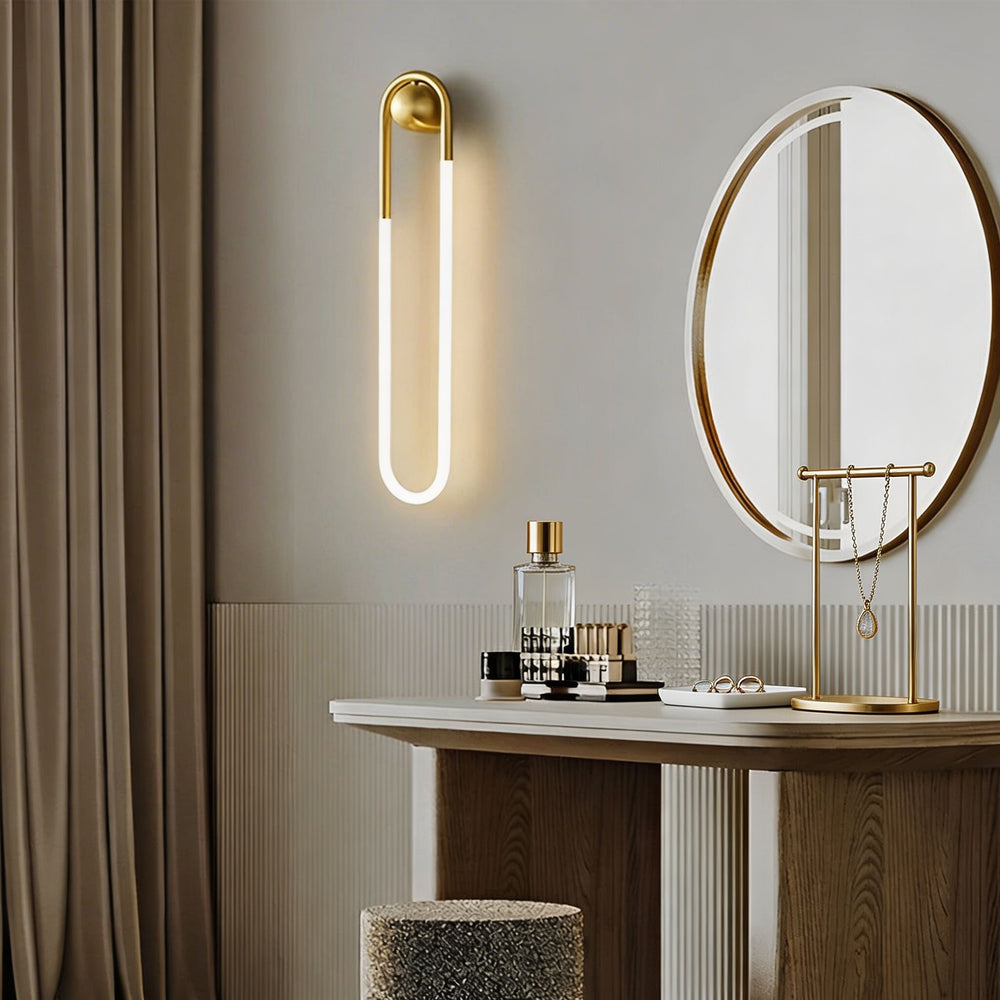 Gold U-shaped LED tube wall sconce with brass ball mount and warm white glow, luxury vanity wall light Australia