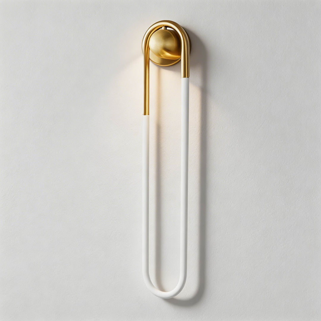 White U-shaped LED tube wall sconce with polished gold brass ball mount, elegant modern wall light Australia