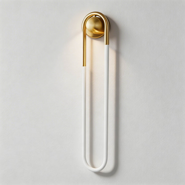 White U-shaped LED tube wall sconce with polished gold brass ball mount, elegant modern wall light Australia