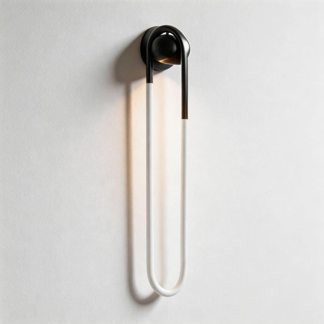 White U-shaped LED tube wall sconce with matte black ball mount and warm side glow, designer wall light Australia