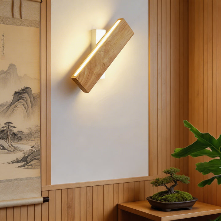 Rotating natural wood wall sconce with diagonal LED strip and white mount, adjustable timber wall light Australia