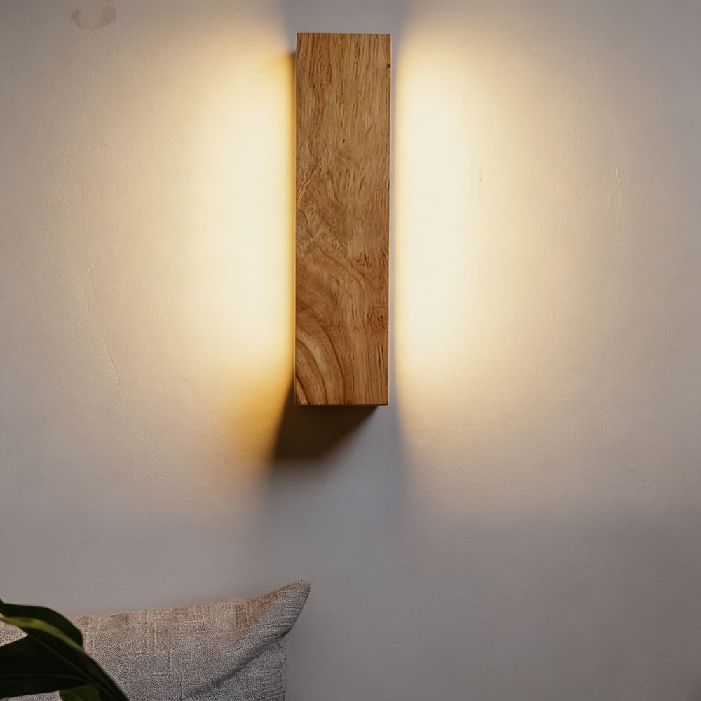 Oak wood up down wall sconce casting dual warm glow, modern timber wall light for living room