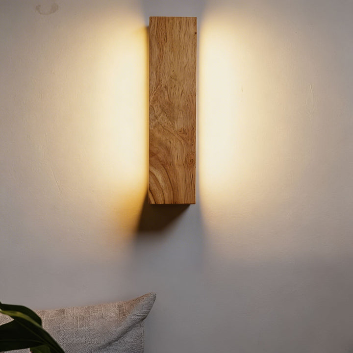 Oak wood up down wall sconce casting dual warm glow, modern timber wall light for living room