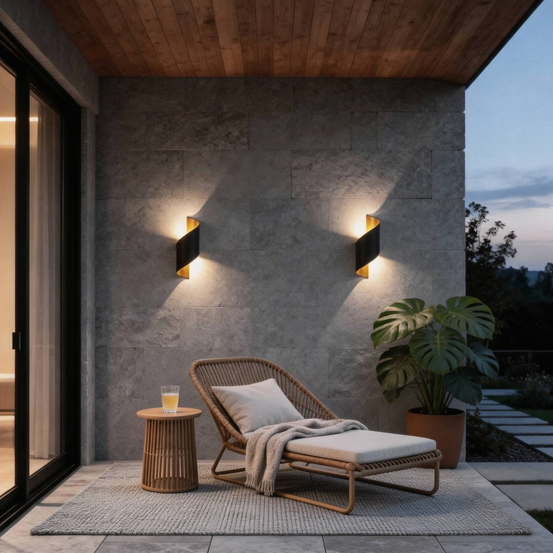 Wall sconces in black twisted design, modern outdoor wall lights with warm up and down illumination and elegant sculptural silhouette