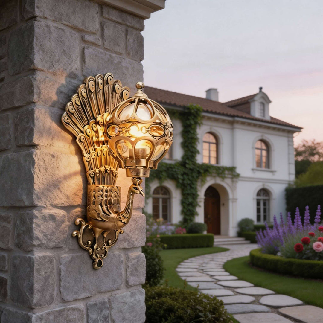 Peacock wall light outdoor vintage style wall sconce ornate brass exterior wall lighting garden decor