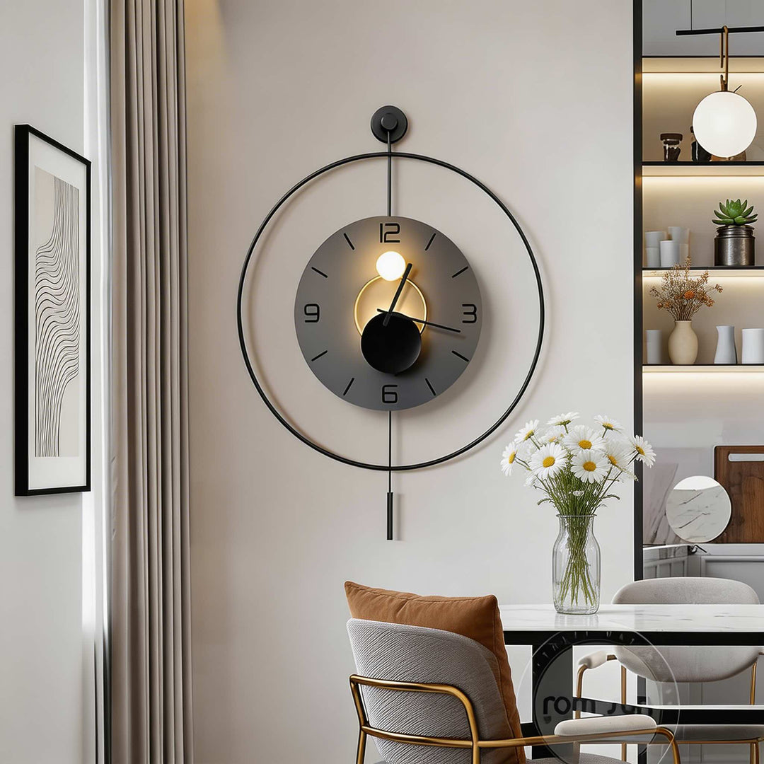 Modern Wall Clock Round Black Aluminum Design with Hidden LED Backlight Battery Operated