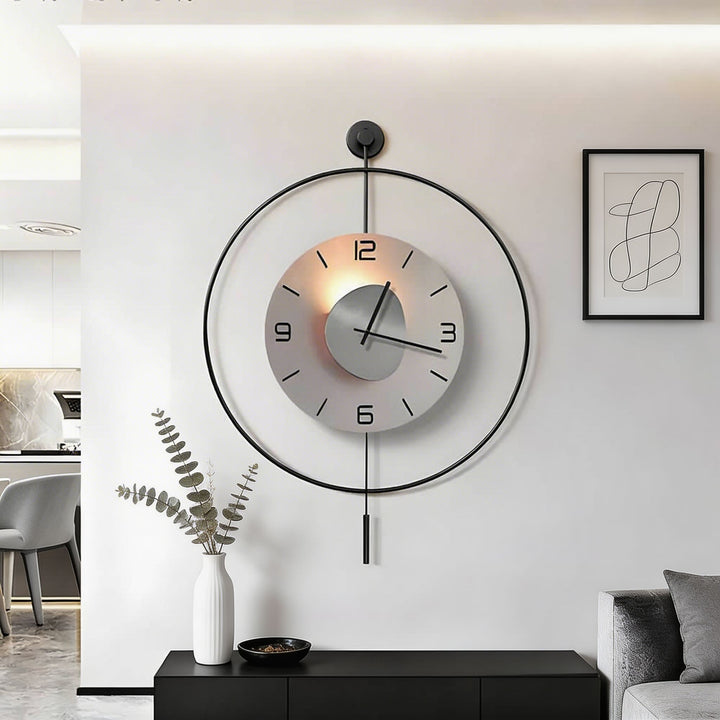 Modern Wall Clock Round Black Aluminum Design with Hidden LED Backlight Battery Operated