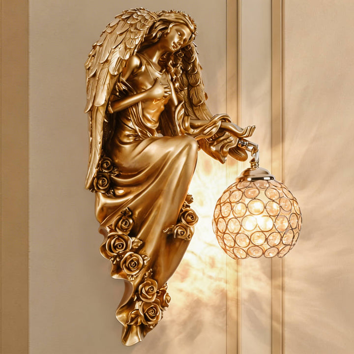 European Angel Wall Sconce Wall Light Resin Wall Mounted Crystal Glass Shade E26 LED Compatible