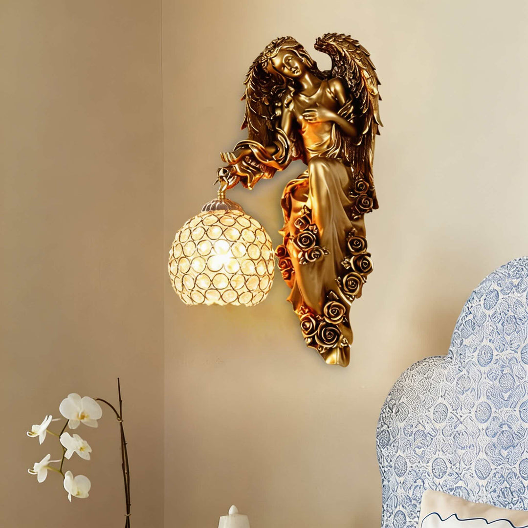 European Angel Wall Sconce Wall Light Resin Wall Mounted Crystal Glass Shade E26 LED Compatible