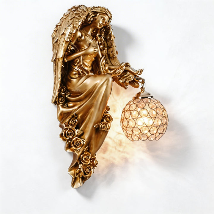 European Angel Wall Sconce Wall Light Resin Wall Mounted Crystal Glass Shade E26 LED Compatible