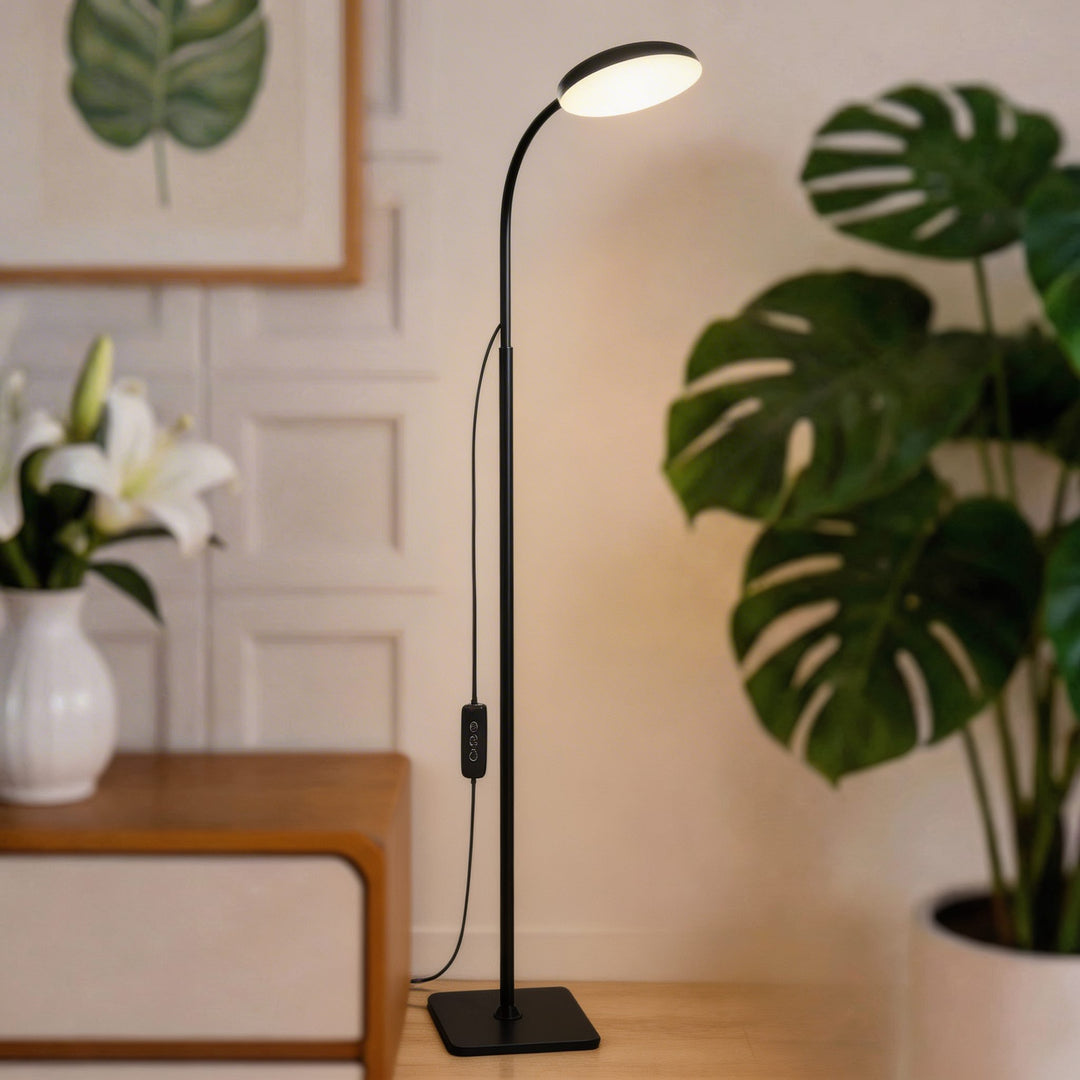 Modern Black Floor Lamp Adjustable Gooseneck LED Reading Light with Three Color Temperatures for Living Room Office
