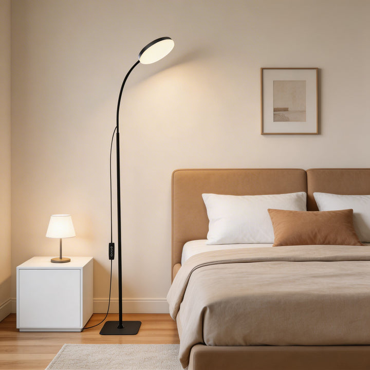 Modern Black Floor Lamp Adjustable Gooseneck LED Reading Light with Three Color Temperatures for Living Room Office
