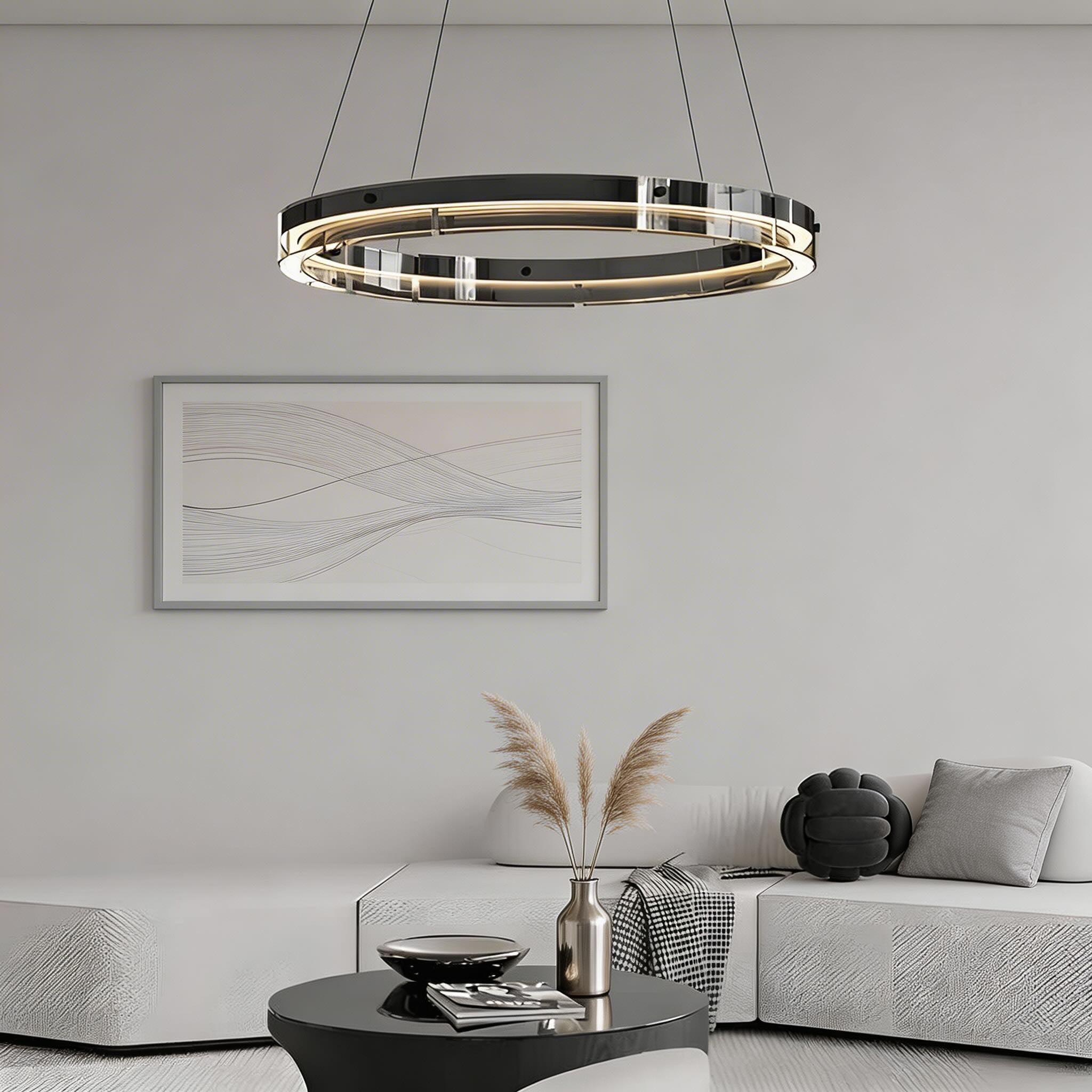 Modern Black Chandelier Adjustable LED Hanging Light Fixture with Glass Shade for Dining Room