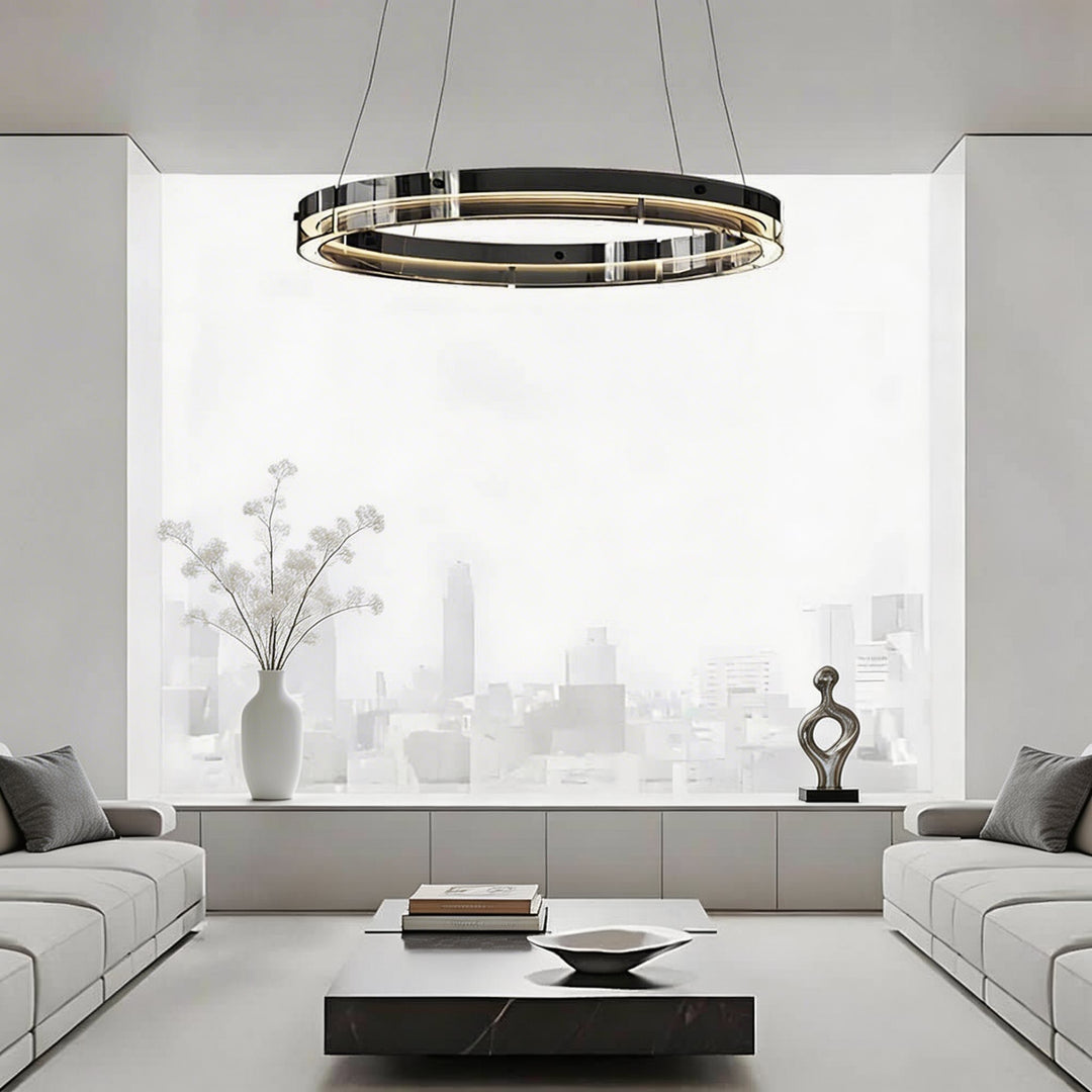 Modern Black Chandelier Adjustable LED Hanging Light Fixture with Glass Shade for Dining Room