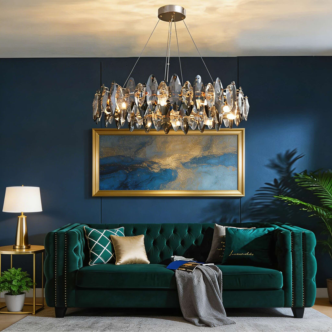 Modern Round Chandelier Light Adjustable Hanging K9 Crystal Iron Frame LED 3000K for Living Room Dining Room