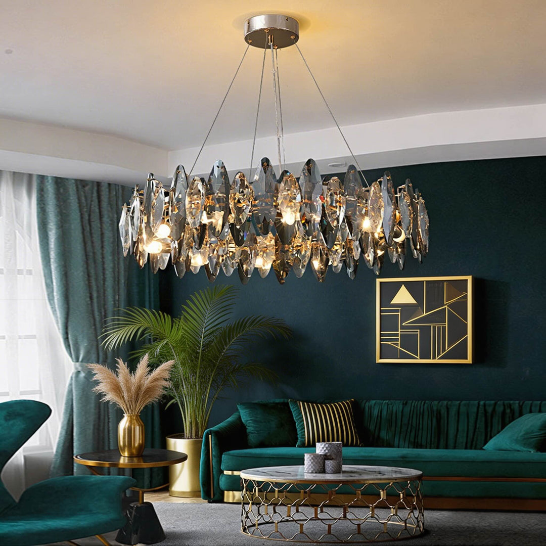 Modern Round Chandelier Light Adjustable Hanging K9 Crystal Iron Frame LED 3000K for Living Room Dining Room