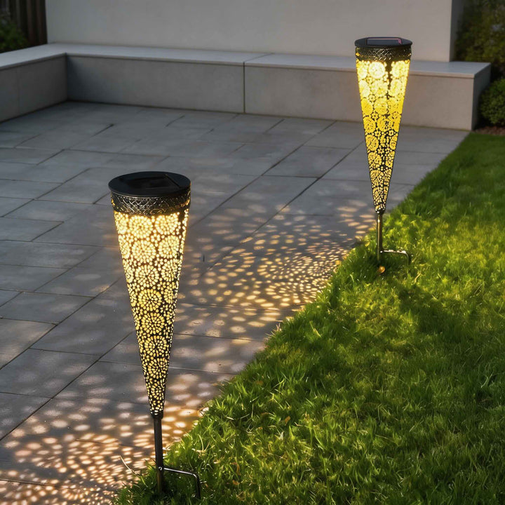 Modern Solar Garden Lights 2-Pack Conical Metal Design LED Waterproof Automatic Outdoor Lights