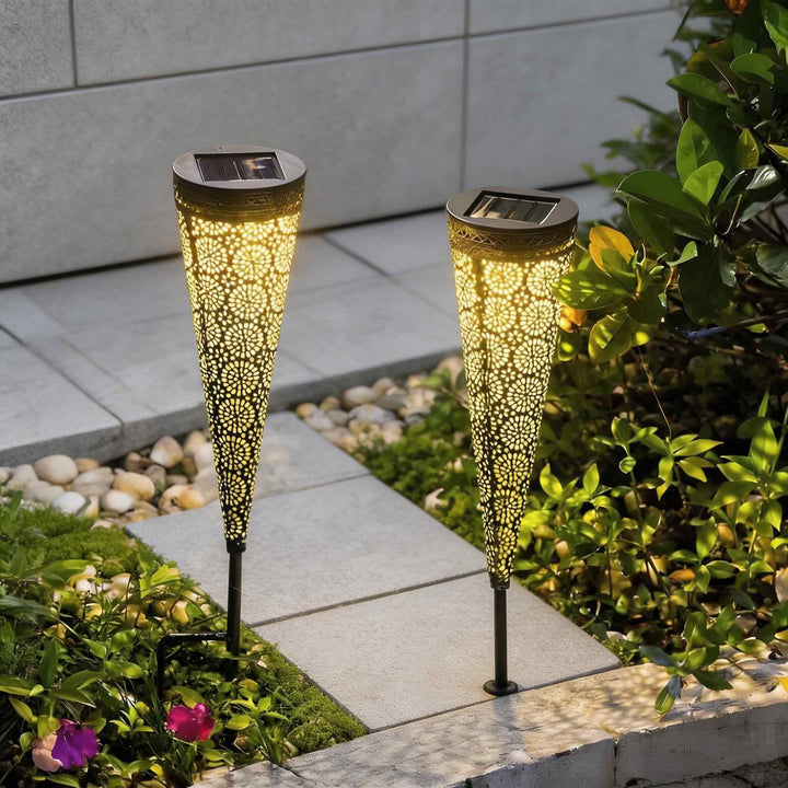 Modern Solar Garden Lights 2-Pack Conical Metal Design LED Waterproof Automatic Outdoor Lights