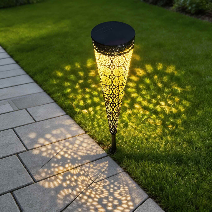 Modern Solar Garden Lights 2-Pack Conical Metal Design LED Waterproof Automatic Outdoor Lights