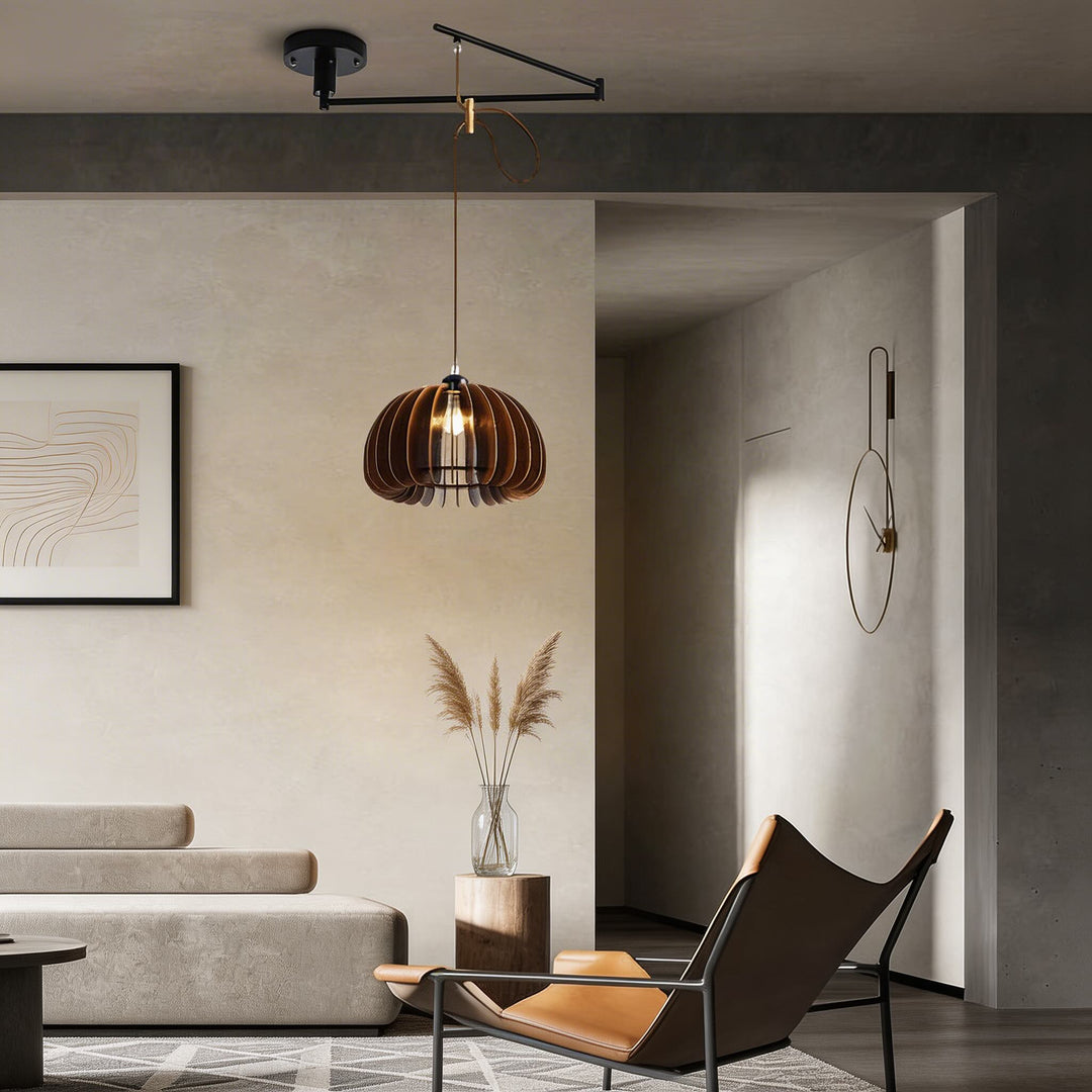 Japanese Wood Lantern Adjustable Hanging Pendant Light