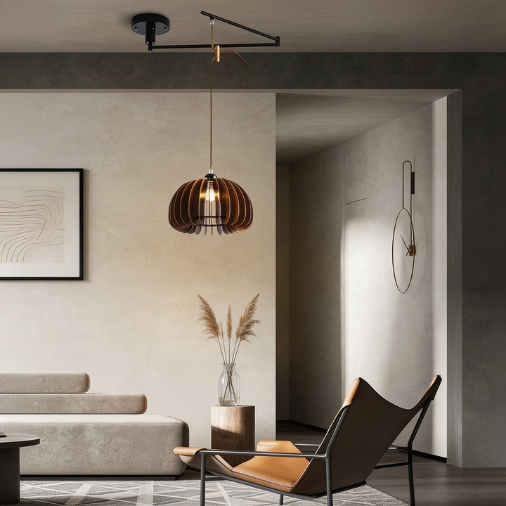 Japanese Wood Lantern Adjustable Hanging Pendant Light