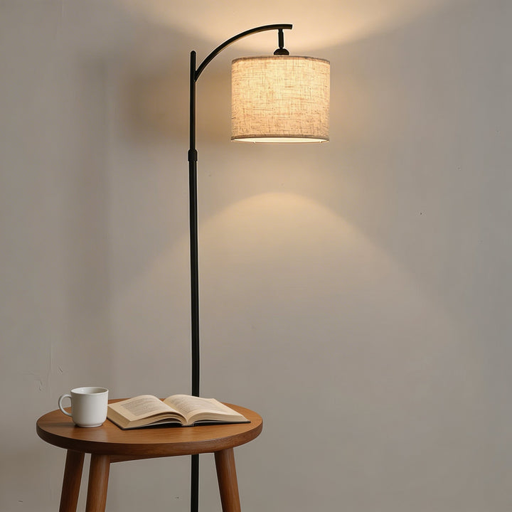 Modern Arc Floor Lamp Black Adjustable Height Fabric Shade for Living Room