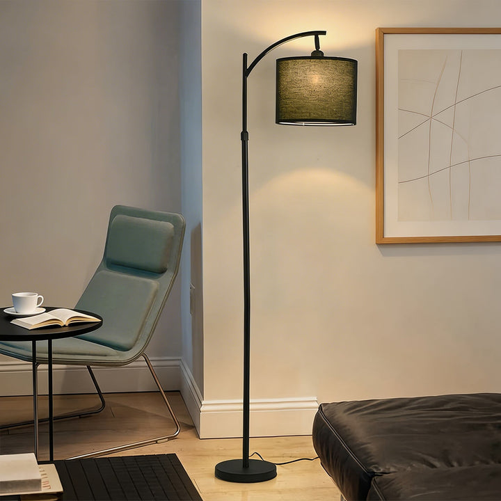 Modern Arc Floor Lamp Black Adjustable Height Fabric Shade for Living Room