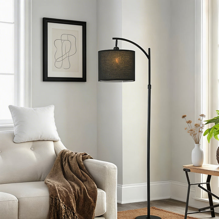 Modern Arc Floor Lamp Black Adjustable Height Fabric Shade for Living Room