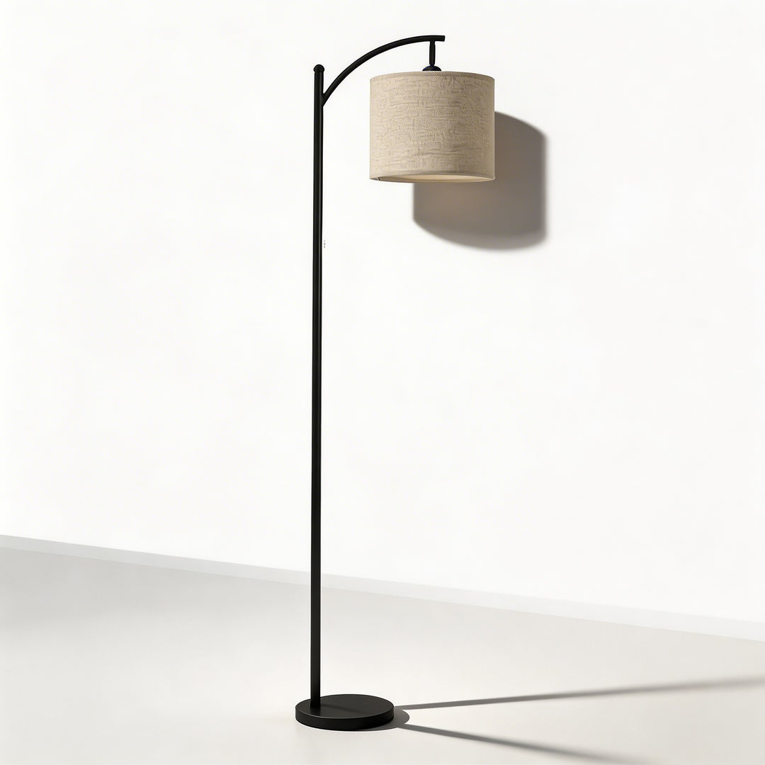 Modern Arc Floor Lamp Black Adjustable Height Fabric Shade for Living Room