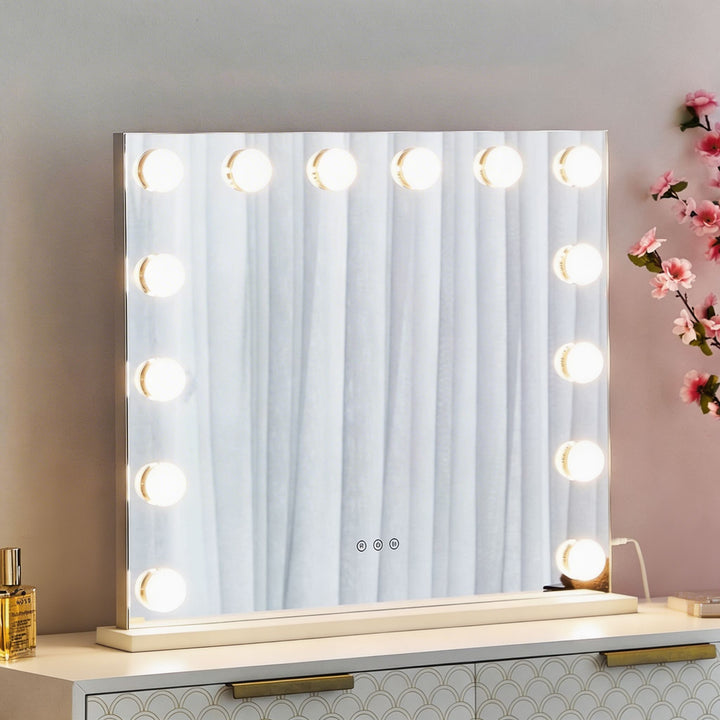 Large Hollywood vanity mirror with 14 LED globe bulbs white frame and touch controls

